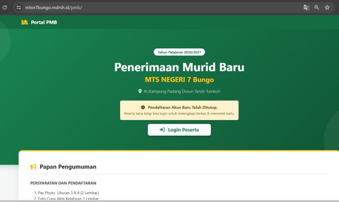 PMBM MTsN 7 Bungo Tahun Ajaran 2026/2027 Resmi Ditutup, Tahapan Seleksi Selanjutnya Segera Diumumkan