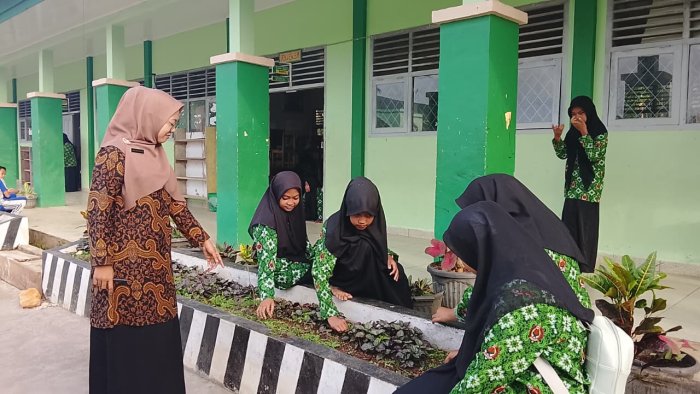 Wujudkan Madrasah Ramah Lingkungan, Siswa MTsN 7 Bungo Antusias Rawat Taman Madrasah