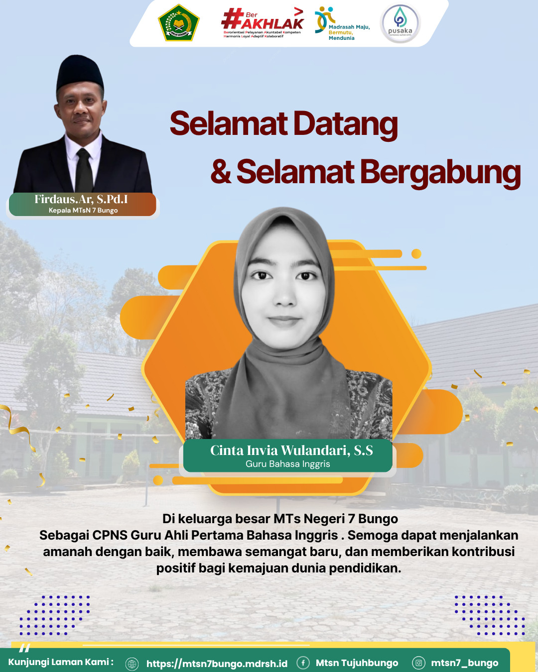 Selamat Datang dan Selamat Bergabung Ibu Cinta Invia Wulandari, S.S. di Keluarga Besar MTs Negeri 7 Bungo