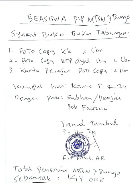 Pengumuman Bansos PIP Tahap II MTs Negeri 7 Bungo 2024