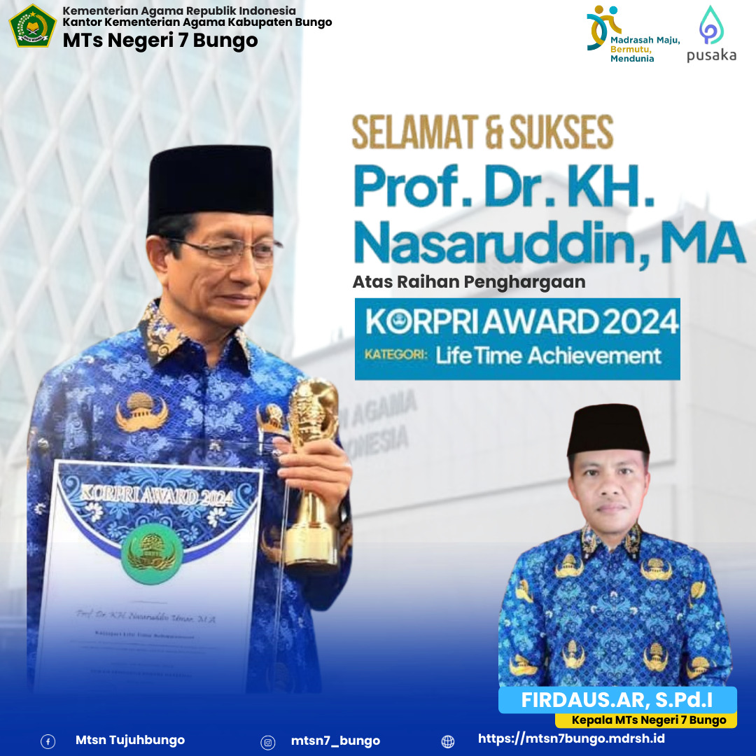 Selamat kepada Menteri Agama Prof.DR.KH.Nasaruddin Umar,MA Meraih Korpri Award 2024 Kategori Life Time Achievement