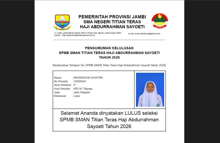 Membanggakan! Siswa MTsN 7 Bungo Lolos Seleksi SPMB SMAN Titian Teras Haji Abdurrahman Sayoeti Jambi Tahun 2026