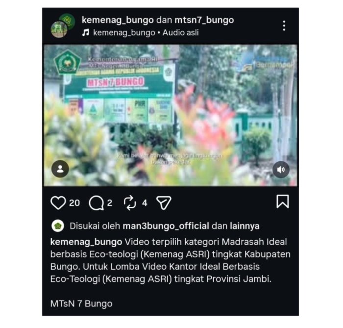 Video MTsN 7 Bungo Terpilih Madrasah Ideal Berbasis Eco-Teologi, Wakili Kabupaten ke Tingkat Provinsi Jambi