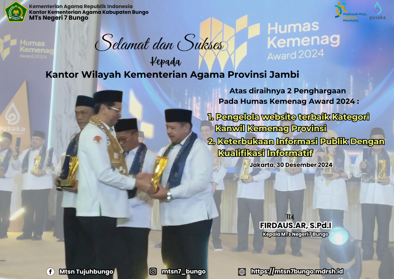 Selamat dan Sukses Kanwil Kemenag Jambi Atas diraihnya Penghargaan Humas Kemenag Award 2024 