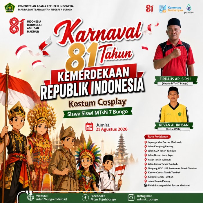 Karnaval Kemerdekaan MTsN 7 Bungo Semarakkan HUT ke-81 RI dengan Semangat Indonesia Hebat, Indonesia Berbudaya Karnaval Kemerdekaan MTsN 7 Bungo Semarakkan HUT ke-81 RI dengan Semangat Indonesia Hebat, Indonesia Berbudaya